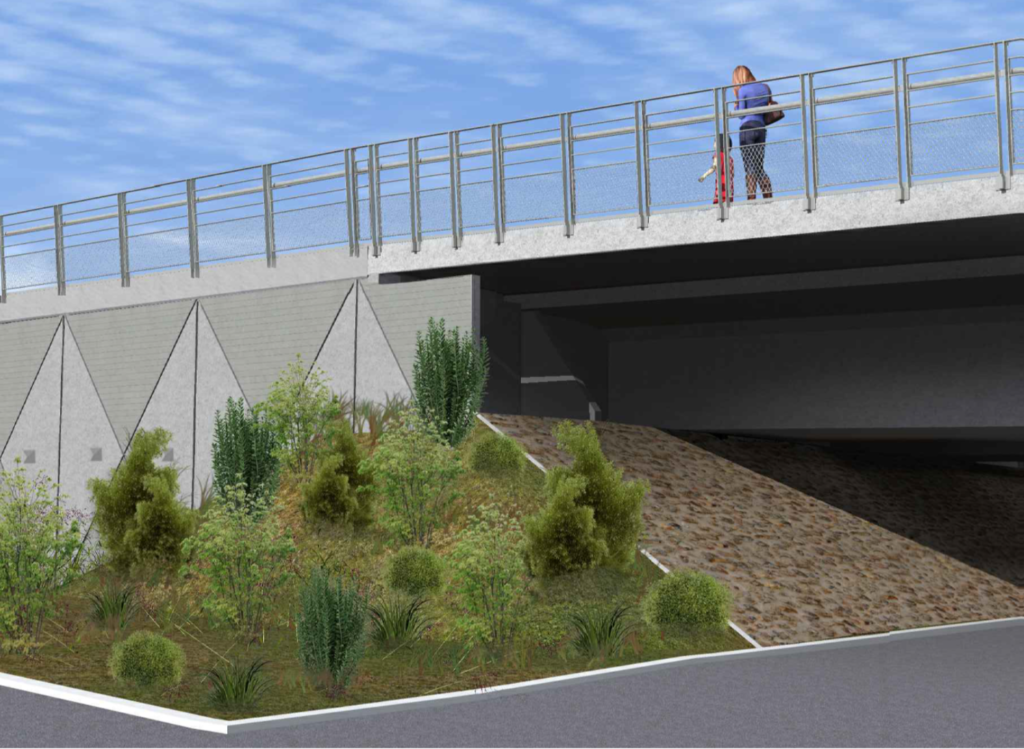 Perspective sous le pont : mur matricé à motifs triangulaires, talus végétalisé, piétons sur le trottoir du tablier